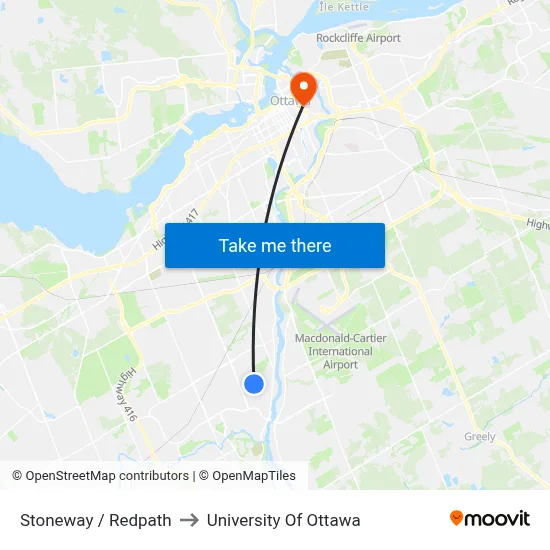 Stoneway / Redpath to University Of Ottawa map