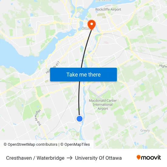 Cresthaven / Waterbridge to University Of Ottawa map