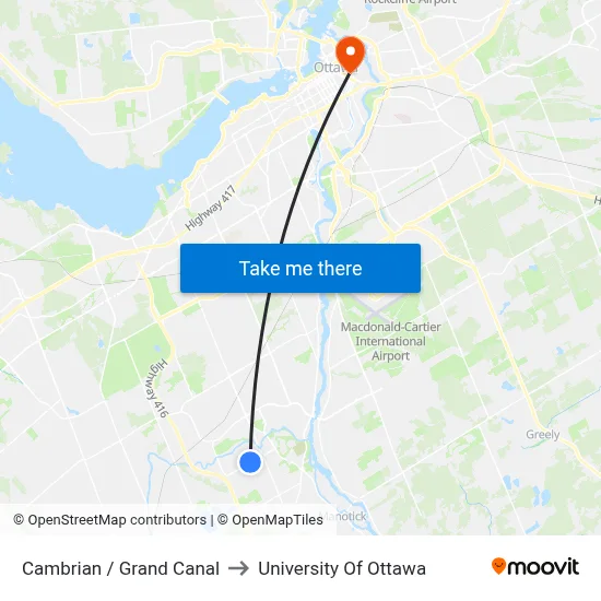 Cambrian / Grand Canal to University Of Ottawa map