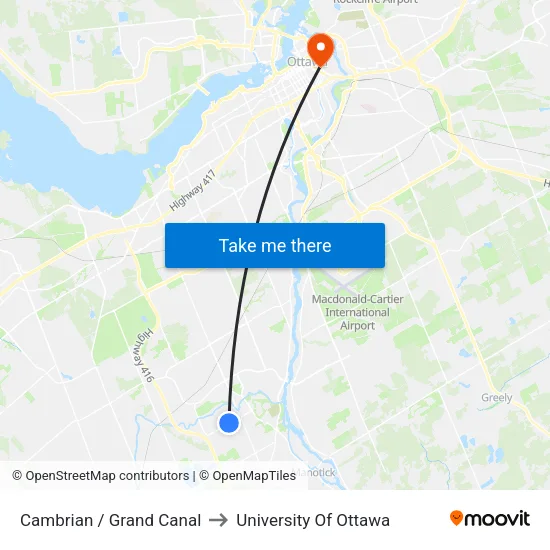 Cambrian / Grand Canal to University Of Ottawa map