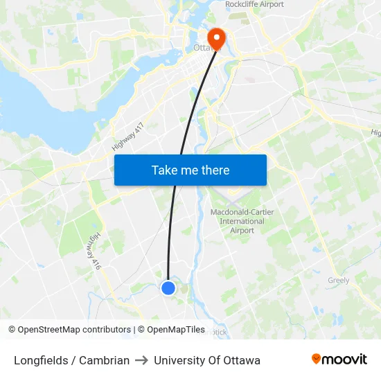 Longfields / Cambrian to University Of Ottawa map