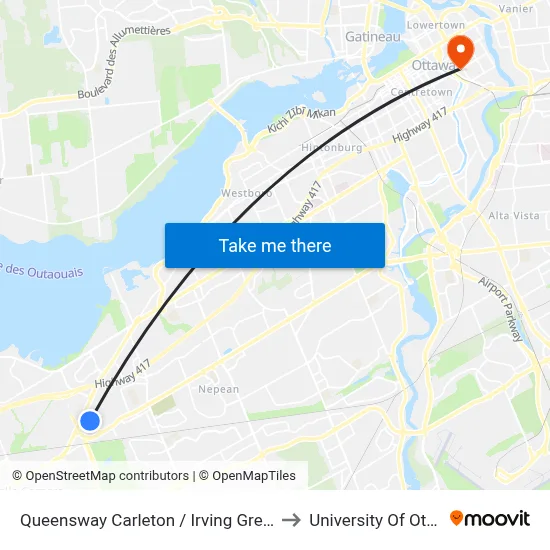 Queensway Carleton / Irving Greenberg to University Of Ottawa map