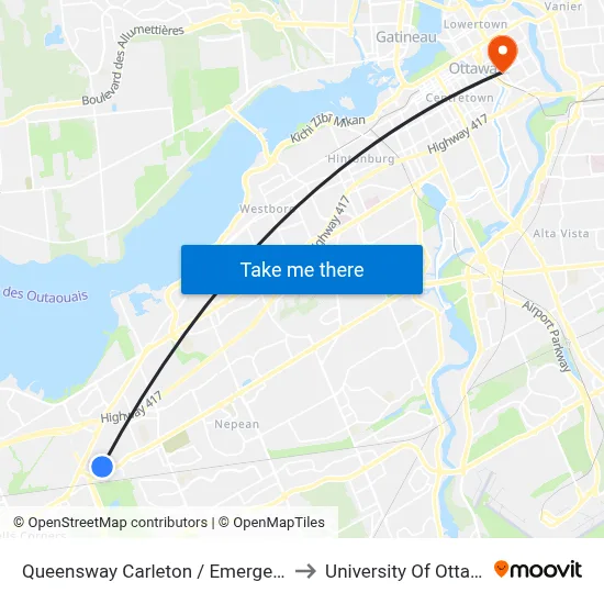 Queensway Carleton / Emergency to University Of Ottawa map