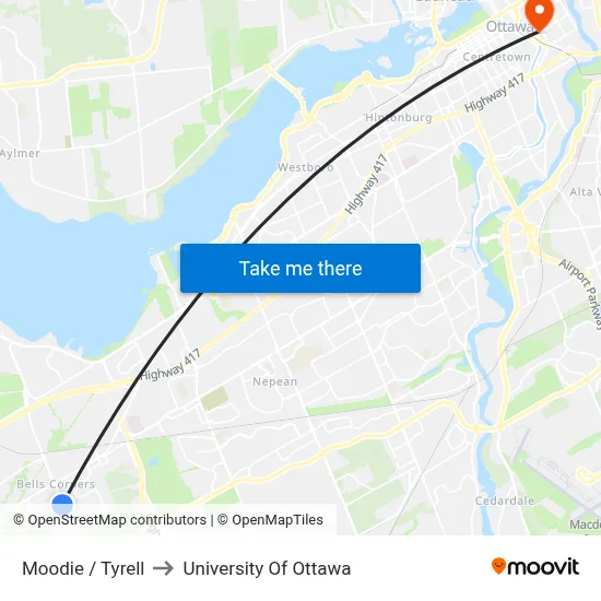 Moodie / Tyrell to University Of Ottawa map