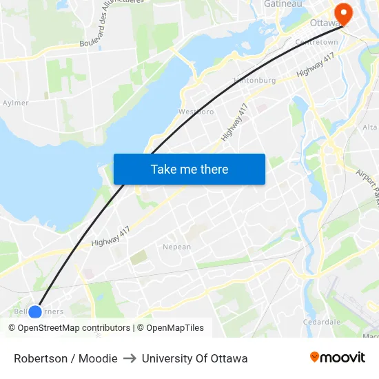 Robertson / Moodie to University Of Ottawa map