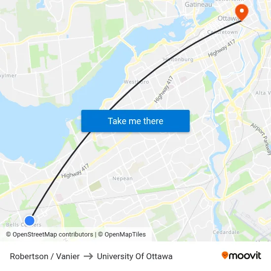 Robertson / Vanier to University Of Ottawa map