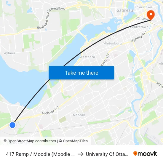 417  Ramp / Moodie (Moodie A) to University Of Ottawa map