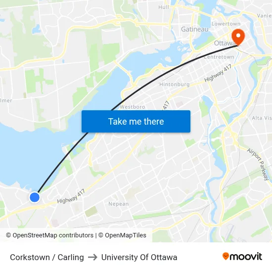 Corkstown / Carling to University Of Ottawa map