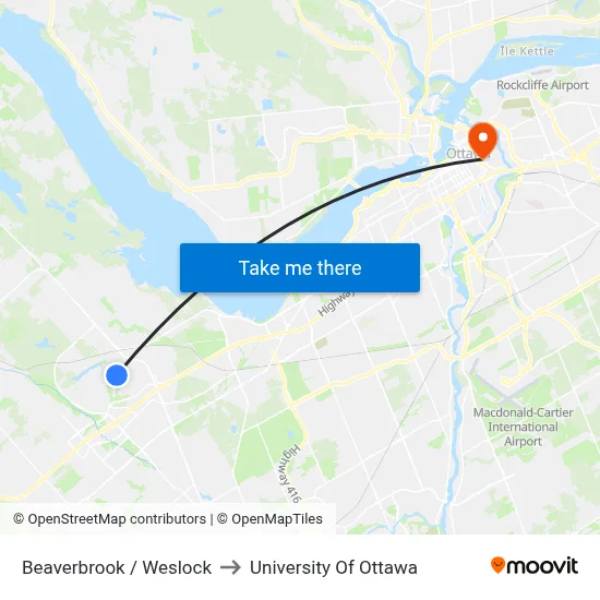 Beaverbrook / Weslock to University Of Ottawa map
