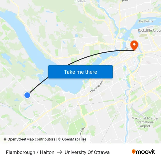 Flamborough / Halton to University Of Ottawa map