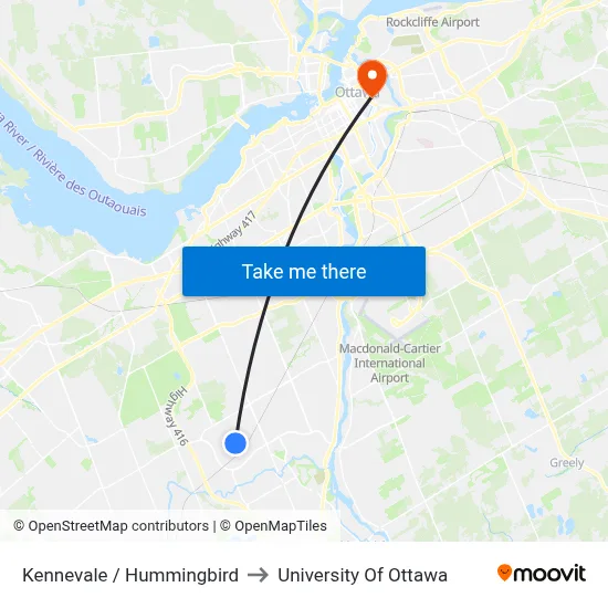 Kennevale / Hummingbird to University Of Ottawa map