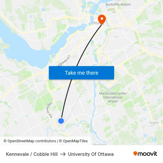 Kennevale / Cobble Hill to University Of Ottawa map