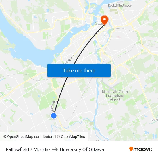 Fallowfield / Moodie to University Of Ottawa map