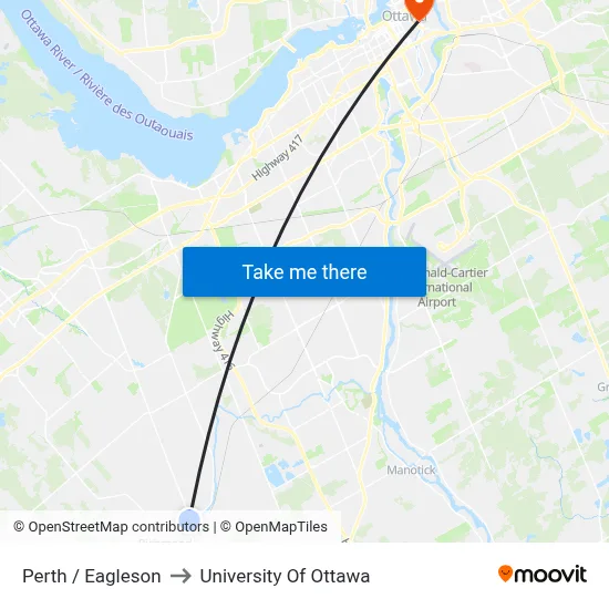 Perth / Eagleson to University Of Ottawa map