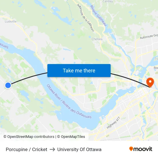 Porcupine / Cricket to University Of Ottawa map
