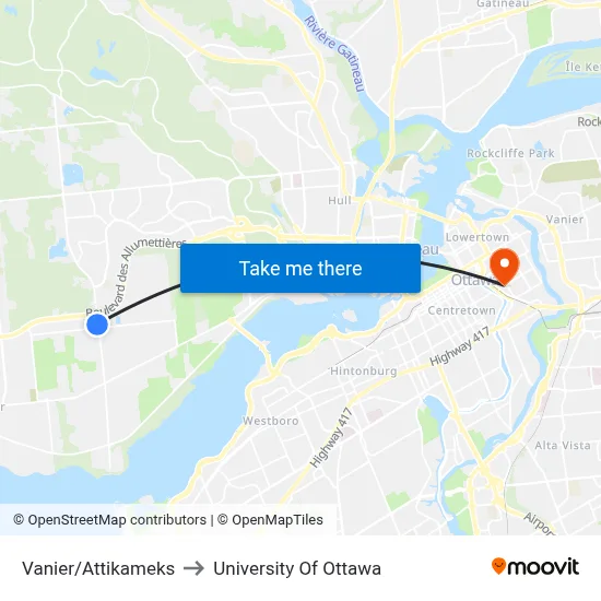 Vanier/Attikameks to University Of Ottawa map