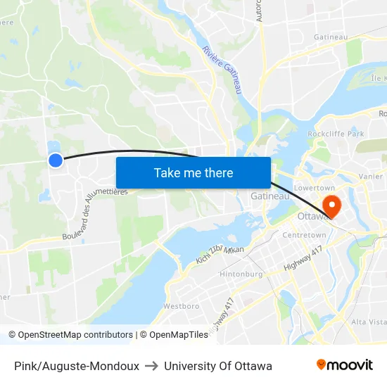 Pink/Auguste-Mondoux to University Of Ottawa map