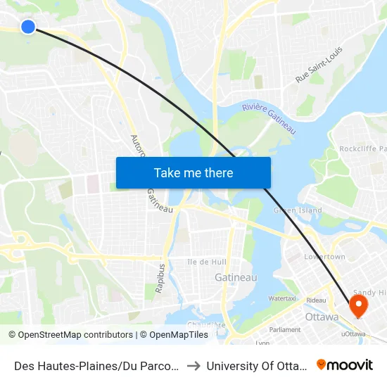 Des Hautes-Plaines/Du Parcours to University Of Ottawa map