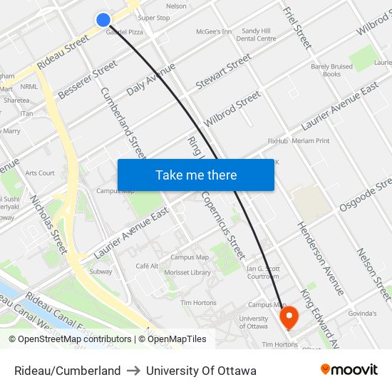 Rideau/Cumberland to University Of Ottawa map