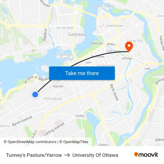 Tunney's Pasture/Yarrow to University Of Ottawa map