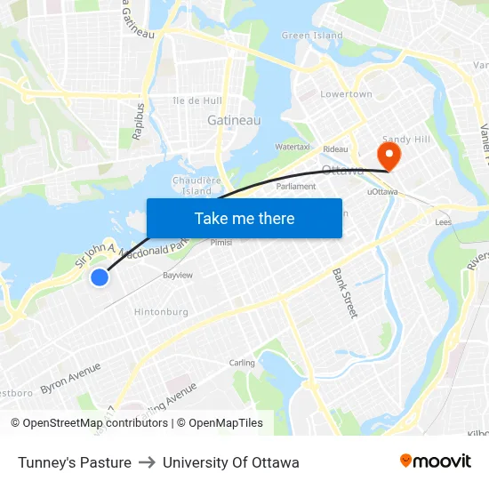 Tunney's Pasture to University Of Ottawa map