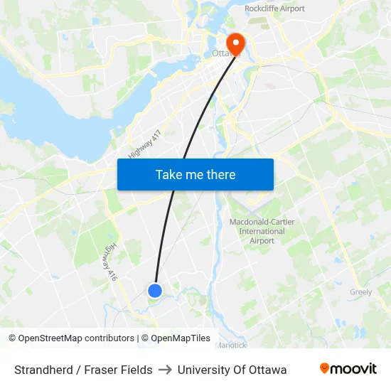 Strandherd / Fraser Fields to University Of Ottawa map
