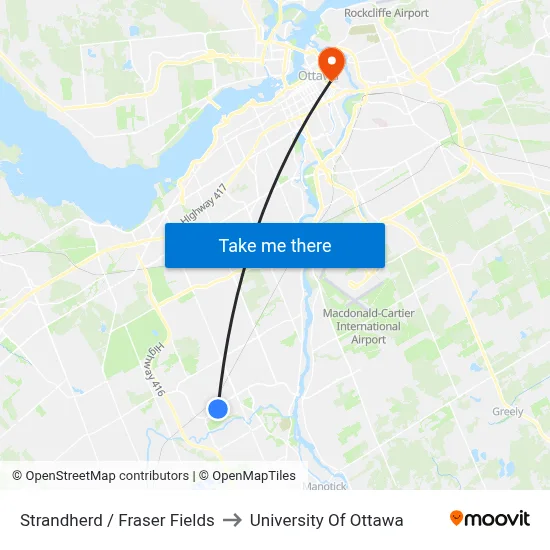 Strandherd / Fraser Fields to University Of Ottawa map