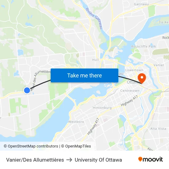 Vanier/Des Allumettières to University Of Ottawa map