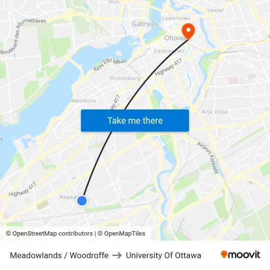 Meadowlands / Woodroffe to University Of Ottawa map