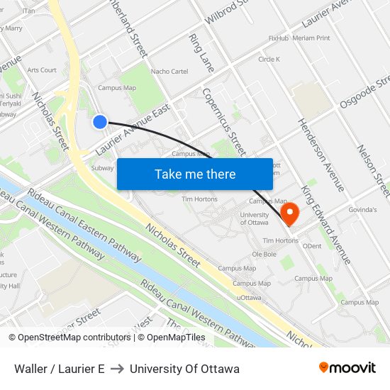 Waller / Laurier E to University Of Ottawa map