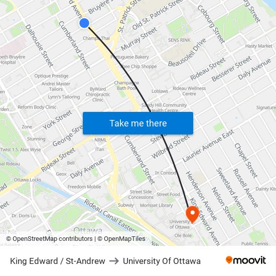 King Edward / St-Andrew to University Of Ottawa map