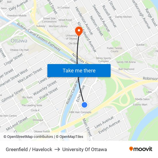 Greenfield / Havelock to University Of Ottawa map