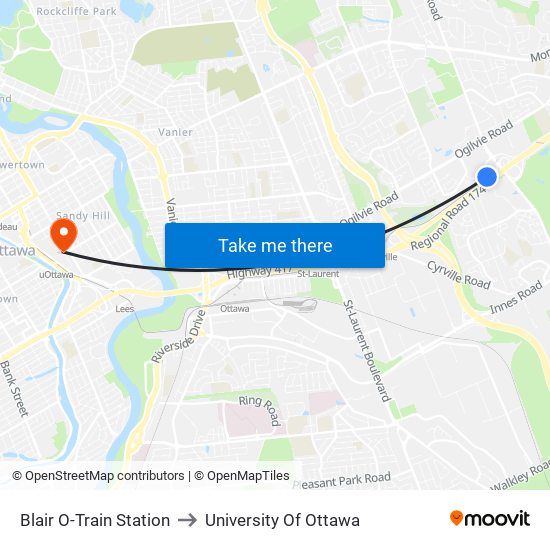 Blair O-Train Station to University Of Ottawa map