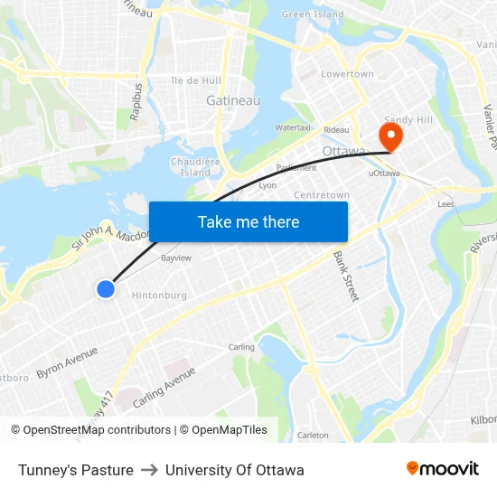 Tunney's Pasture to University Of Ottawa map