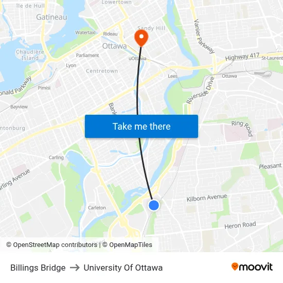 Billings Bridge to University Of Ottawa map