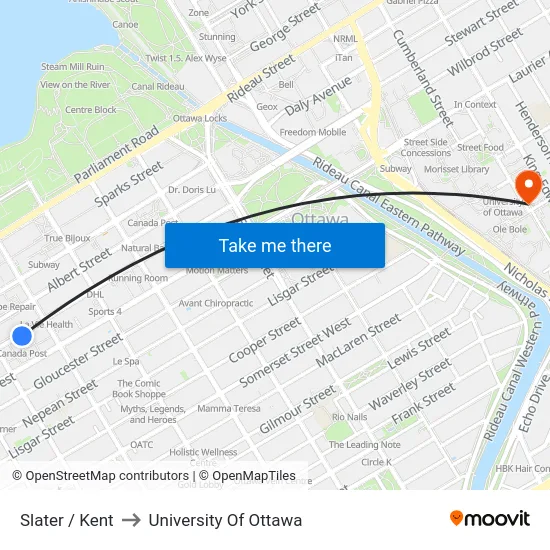 Slater / Kent (F) to University Of Ottawa map