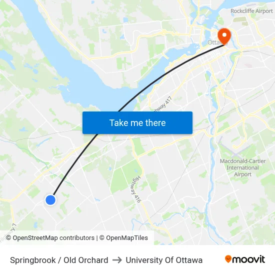 Springbrook / Old Orchard to University Of Ottawa map
