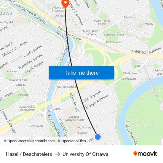 Hazel / Deschatelets to University Of Ottawa map