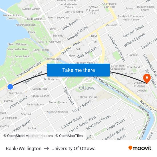 Bank/Wellington to University Of Ottawa map