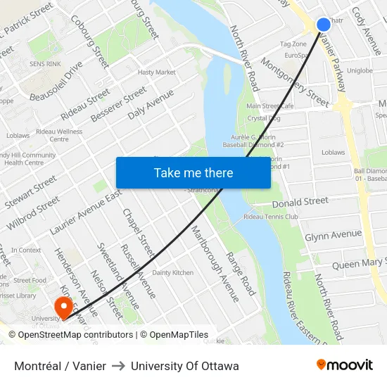 Montréal / Vanier to University Of Ottawa map