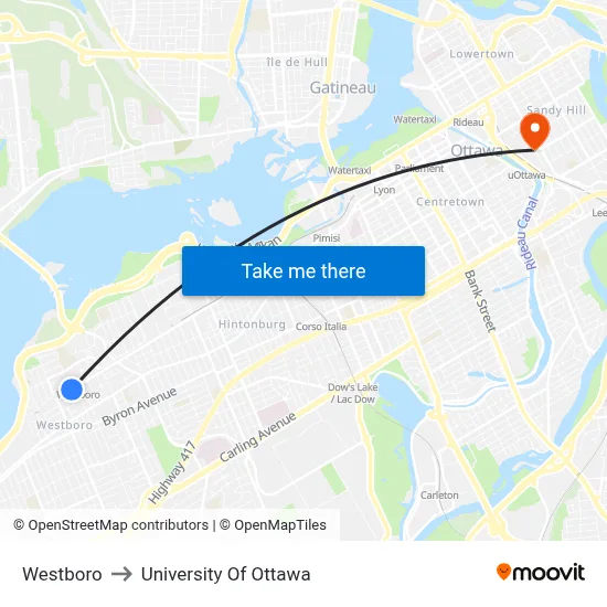 Westboro to University Of Ottawa map