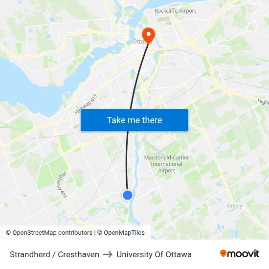 Strandherd / Cresthaven to University Of Ottawa map
