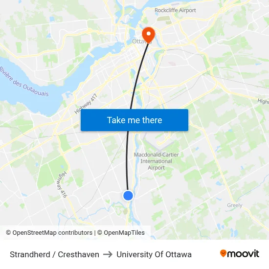 Strandherd / Cresthaven to University Of Ottawa map