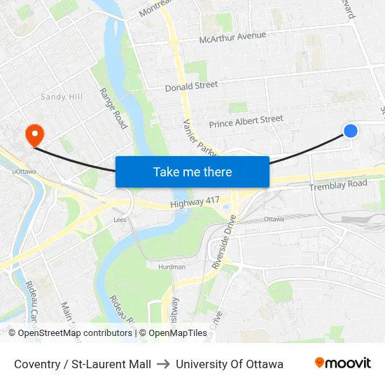 Coventry / St-Laurent Mall to University Of Ottawa map