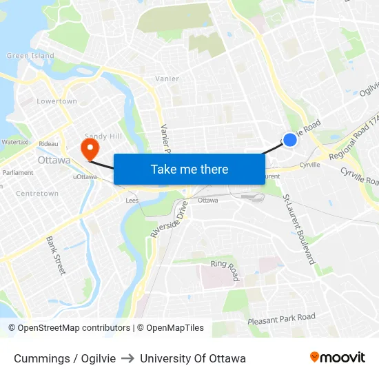 Cummings / Ogilvie to University Of Ottawa map