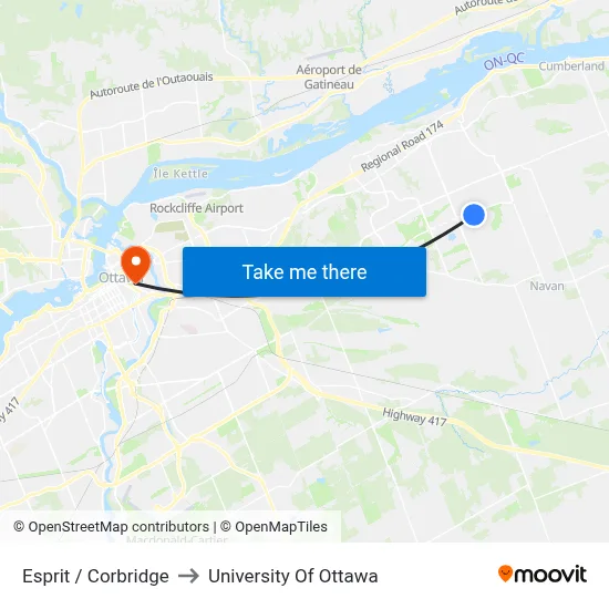 Esprit / Corbridge to University Of Ottawa map