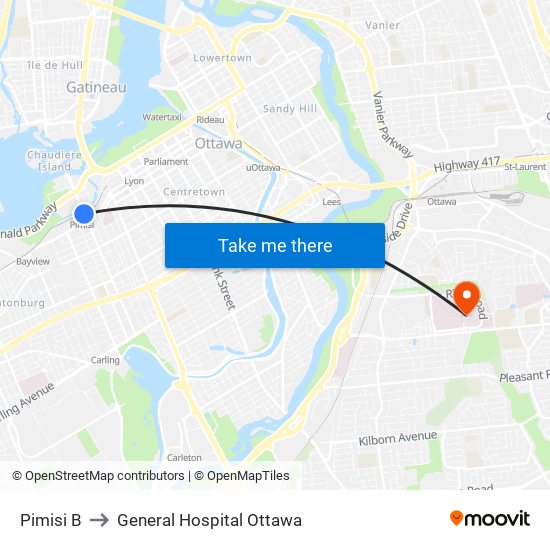 Pimisi B to General Hospital Ottawa map