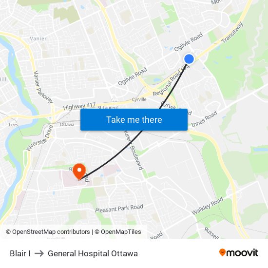 Blair I to General Hospital Ottawa map