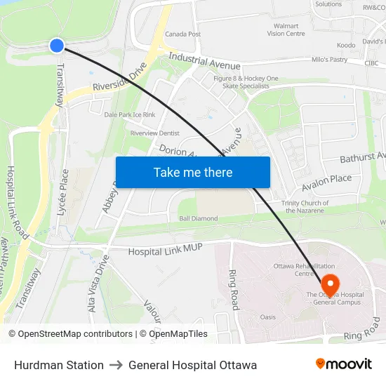 Hurdman Station to General Hospital Ottawa map