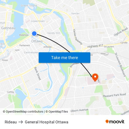 Rideau to General Hospital Ottawa map